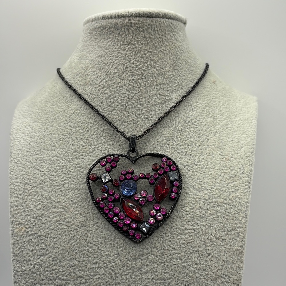 Vintage 70’s Heart Necklace with Pink and Blue Gems 15-17”